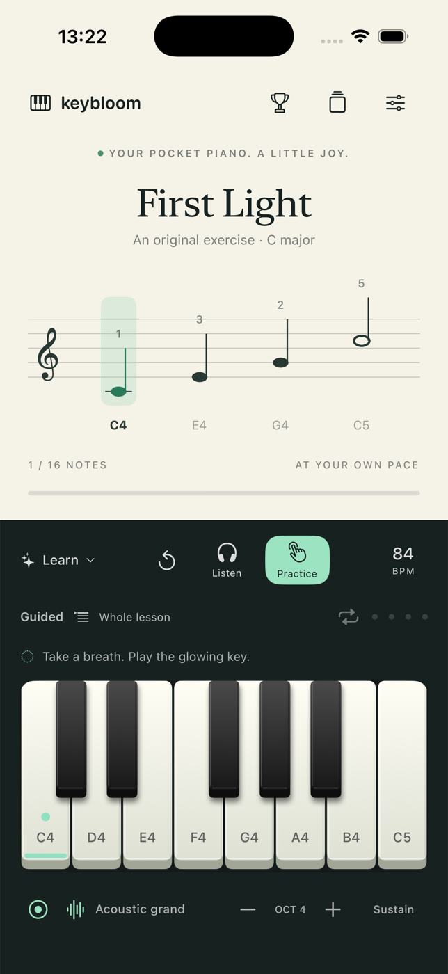 Keybloom on iPhone showing the First Light score and piano keyboard